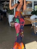 Hulianfu Elegant Tie Dye Floral Chiffon Dress For Women 2023 Summer Sexy Bandage Backless Lace Long Dresses Female Beach Evening Robe