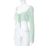 Cryptographic Elegant Mesh See Through Hot Sexy Tops and Blouses Women Summer Shirts Blouse Flare Sleeve Tie Up Tops Clothes