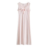 hulianfu V-Neck Sexy Sleeveless Long Nightdress for Women Bow Cute Nightgown Lace Sleepwear Ice Silk Loose Sleepdress Comfort Home Pijama