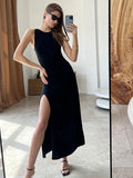 Hulianfu Knitting Split Women Dress Sexy Slim Sleeveless Hip Package Midi Dresses Female Spring Summer Fashion Solid Ladies Vestido