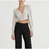 hulianfu  Women's Silver Sequins Blouse Female Fashion Puff Sleeve V Neck Short Pleated Shirt Tops Spring Chic Sexy Street Wear