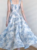 Hulianfu Print Dress for Women 2023 Fashion Fairycore Spaghetti Strap Summer Dress Chic Elegant Square Collar Slim Midi Dress