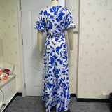 hulianfu Women Summer Maxi Dress Sexy Printed Short Puff Sleeve Long Skrt Pleated Party Dresses