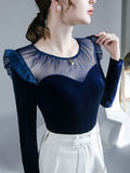 Hulianfu New Women Patched Mesh Crew Collar Elegant T Shirts Lady Ruffles Long Sleeve Velour Tops Tees T-Shirt For Women