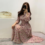 Hulianfu New Flower Dress Women Floral Chiffon Clothes Maxi Dresses Beach Elegant Autumn Pink Korean Long Sleeve V Neck Vestidos De Mujer