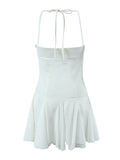 Hulianfu Spring Summer New Sexy Slim Fashion Women Halter Neck Tie Backless Pleated Short Strap Mini Dress Female
