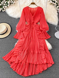 hulianfu Holiday Style Ankle Length Long Dresses Women  Spring New V Neck Puff Sleeve Lace Elegant Evening Party Summer Dress