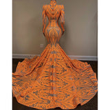 Hulianfu Orange Mermaid Evening Gowns  Party Dress For Womens Blingbling Applique Long Sleeves Occasion Gown Robe De Soir¨¦e