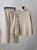 Hulianfu Autumn Women Knit Turtleneck Sweaters Suits Fashion Vintage Slit Side Loose Jumper Tall Pants Female 2 Piece Sets Chic