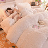 HULIANFU Nordic Pure Color Plush Duvet Cover Set with Sheet Pillow Covers Furry Winter Warm Kawaii Bedding Set Luxury Single Bed Sets