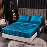 HULIANFU Luxury Jacquard Satin Stripe Silk Bed Sheet Set King Size High End Soft Smooth Queen Fitted Sheets with Elastic Band Bedsheet