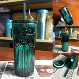 HULIANFU Large capacity 550ml green color Mermaid print Lead-free glass cups with lid and straw