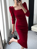 Hulianfu Square Collar Solid Wedding Maxi Dresses for Women Office Lady Bodycon Midi Dress Elegant Korea Fashion Clothes Autumn Robe