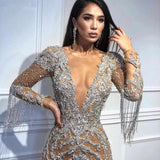 Hulianfu Luxury Tassel Evening Party Dress Women Sexy Elegant Fashion Long Sleeve V Neck Short Dresses