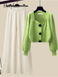 Hulianfu Winter Knit Sets Womens Outfits French Vintage Square Collar Knitted Sweater And Wide Leg Pants Two Pieces Sets Office Lady Sets