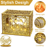 HULIANFU OurWarm Gold Wedding Card Box with Lock Wood Gift Box Holder with Clear Acrylic and String Light Design for Party Decorations