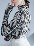Hulianfu Printed Mesh Sexy Long Sleeve T Shirts Women Hollow Out Chinese Style Vintage Collar Patchwork Tee Shirt