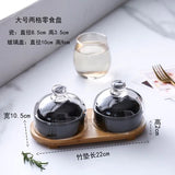 HULIANFU New Ceramic Dessert Bowl Snack Dish Taste Fruit Salad Ice Cream  Pudding Cup With Bamboo Tray Glass Cover Creative Tableware