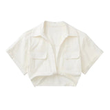 hulianfu Pockets Turn Down Collar Shirt Crop Top Cotton Linen White High Fashion Blusa Mujer Loose Casual Summer Spring Blouse