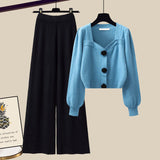 Hulianfu Winter Knit Sets Womens Outfits French Vintage Square Collar Knitted Sweater And Wide Leg Pants Two Pieces Sets Office Lady Sets