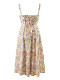 Hulianfu Spring Summer New Vintage Women Chic Lace-Up Slim Hollow Backless Slit Floral Square Collar Strap Long Midi Dress