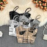 Hulianfu Women Push Up Camisole With Bra Sexy Top Women Suspender Tank Fashion Printed Newspaper Camis Female Soft Sleeveless Top