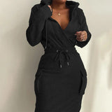 hulianfu Christmas Autumn Winter Casual Long Sleeve V Neck Lowcut Grey Dress Flap Detail Drawstring Waist Hooded Sweatshirt Dress
