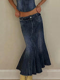 Hulianfu Sexy Denim Skirt Women Set Tube Tops Fur Edge Mermaid Dress Female Streetwear Set Summer Slim Sleeveless Spicy Suits