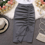 Hulianfu Women Solid Drawstring Sheath Skirts Elastic High Waist Female Fashion Bodycon Irregular Midi Pencil Skirts