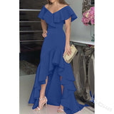 hulianfu European American Elegant Party Dresses Sexy V-neck Irregular Solid Color Maxi Dress Hem Ruffle Women Short Sleeve Floor-Length