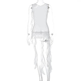 Hulianfu Mesh Sleeveless Backless Solid Tassel See Through Sexy Slim Top T Shirt Autumn Women Kawaii Party Club Halloween