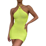 Hulianfu Women Knitted Bodycon Dress Sleeveless Lacing Halterneck Backless Slim Fit Mini Dress for Club Party