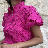 hulianfu High Street Puff Short Sleeve Lace Blouse Top Office Fashion Hollow Shirt t Shirt Commute Women O Neck Solid Jacquard Pullover
