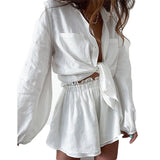hulianfu Fashion Print Shorts Suits Women Vintage Long Sleeve Shirt and Short Pants Suit Two Piece Set Female Loose Lapel Casual Outfit