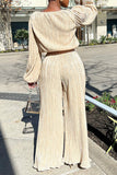 Two Piece Pleated Outfits for Women Casual Crewneck Long Sleeve Loose Fit Top and Wide Leg Palazzo Pant Suit Tracksuit