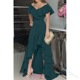 hulianfu European American Elegant Party Dresses Sexy V-neck Irregular Solid Color Maxi Dress Hem Ruffle Women Short Sleeve Floor-Length