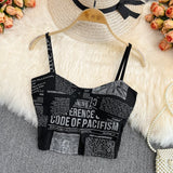 Hulianfu Women Push Up Camisole With Bra Sexy Top Women Suspender Tank Fashion Printed Newspaper Camis Female Soft Sleeveless Top