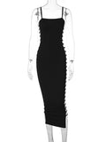 Hulianfu Elegant Side Hollow Out Backless Sexy Midi Dress For Women Gown Summer New Spaghetti Strap Sleeveless Club Party Dress