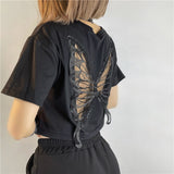 Hulianfu Harajuku Butterfly Wings Black T-shirt Sexy Hollow Out Short Sleeve Crop Top E-girl Dark Academia Grunge Pullovers Tees Women