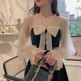 Hulianfu Vintage Elegant Mini Party Dress for Women Casual Lace Long Sleeve Dresses Bow Sexy One Piece Dress Korean Black Autumn New