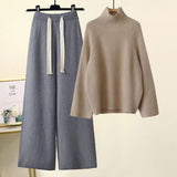 Hulianfu Autumn Winter Warm Knitted Suit Women Long Sleeve Half Turtleneck Knitting Sweater And Wide Leg Pants Sets Outer Wear Loose Set