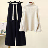 Hulianfu Autumn Winter Warm Knitted Suit Women Long Sleeve Half Turtleneck Knitting Sweater And Wide Leg Pants Sets Outer Wear Loose Set
