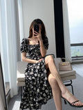 Hulianfu Vintage French Sexy Bodycon Black Floral Square Collar Office Lady Midi Chiffon Dress Women Party Elegant Clothes Summer