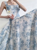Hulianfu Print Dress for Women 2023 Fashion Fairycore Spaghetti Strap Summer Dress Chic Elegant Square Collar Slim Midi Dress