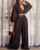 hulianfu Ladies Long Sleeved Black V-Neck Top Loose Stitching Pleated Wide Leg Pants Two-Piece Set