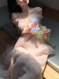 Hulianfu Harajuku French Korean Sweet V-Neck Camisole Sleeveless Sexy Strap Midi Maxi Dresses for Women Elegant Fairy Party Summer Pink