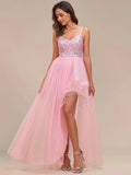 Elegant Evening Dresses Spaghetti Straps Asymmetric Sequin Tulle Floor-Length  Ever Pretty of Pink Bridesmaid dresses