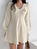 Hulianfu Vintage V-neck Lantern Sleeve Knit Elegant Vestidos De Mujer Fashion Korean Sweater Bodycon Y2K Mini Dress Women Clothing Autumn