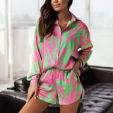 hulianfu Fashion Print Shorts Suits Women Vintage Long Sleeve Shirt and Short Pants Suit Two Piece Set Female Loose Lapel Casual Outfit