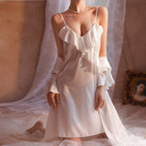 hulianfu Twinset White Robe Set Bride Sexy Kimono Bathrobe Gown Suit Sleepwear Nightgown Spring Summer Silky Satin Home Dress Lounge Wear